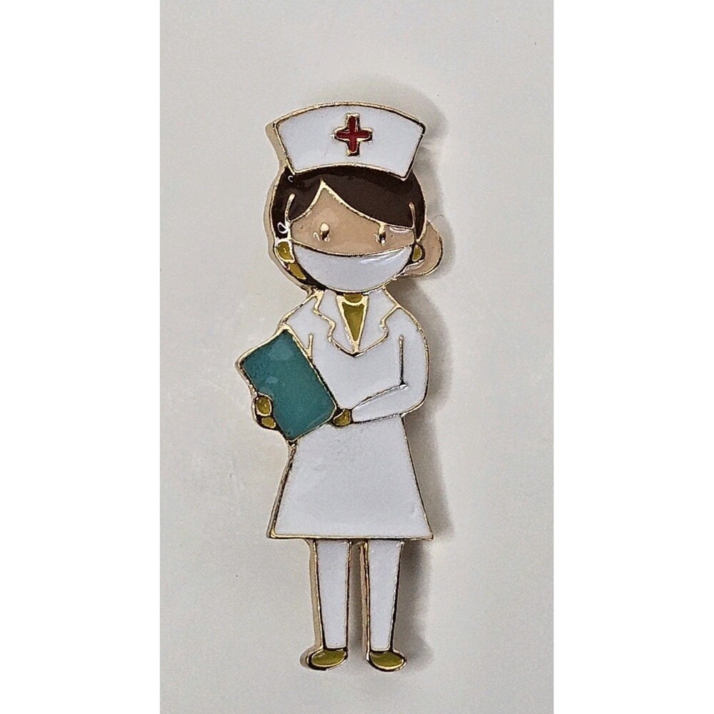 Adorable White Dress Nurse 2" Enamel Pin Brooch, Holding Charts